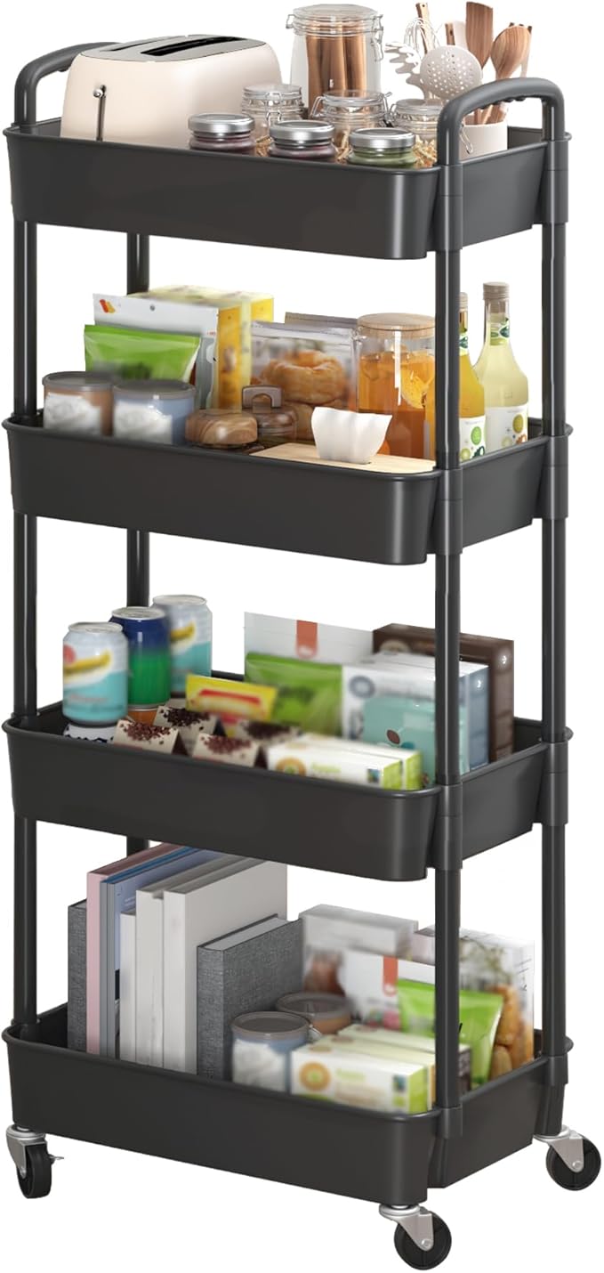 Sywhitta 4-Tier Plastic Rolling Utility Cart with Wheels for Storage, Black | Multi-Functional Storage Trolley, for Office, Living Room, Kitchen, Bathroom,Movable Organizer,Space-Saving,Easy to assemble