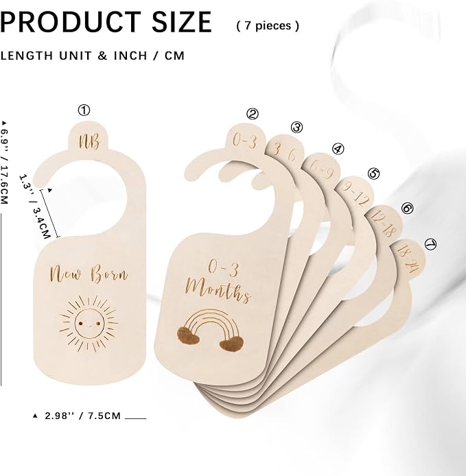 Baby Closet Dividers, 7-Piece Double-Sided Set, Newborn to 24 Months | Double-sided size labels organize outfits by stage, helping parents find newborn through 24-month clothing at a glance.