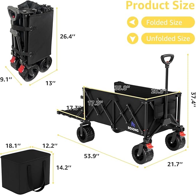 220L Folding Wagon with Detachable 14 Gallon Cooler Bag, Extra Large All-Terrain Heavy Duty Collapsible Beach Wagon Cart with Big Wheels, Foldable Utility Cart for Camping, Tailgate