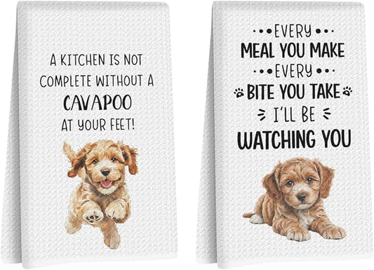 2Pcs Cavapoo Dog Kitchen Towels 24x14 Inch, Cavapoo Gifts Reusable Dish Towels Dishcloths Tea Towel for Kitchen Bathroom Decor, Waffle Weave Absorbent Hand Cloth Towel, Dog Lover Gifts for Women Mom