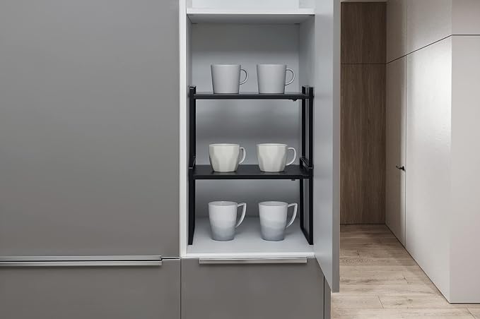 Nxconsu Expandable Shelf for Cabinets, Cabinet Shelf Riser, 10.3" Black | Heavy-Duty Organizer Metal Dish Riser for Cabinets Holds 50LBS and Expands 13.4 to 24.5 in for Kitchen Pantry Plate Mug Spice