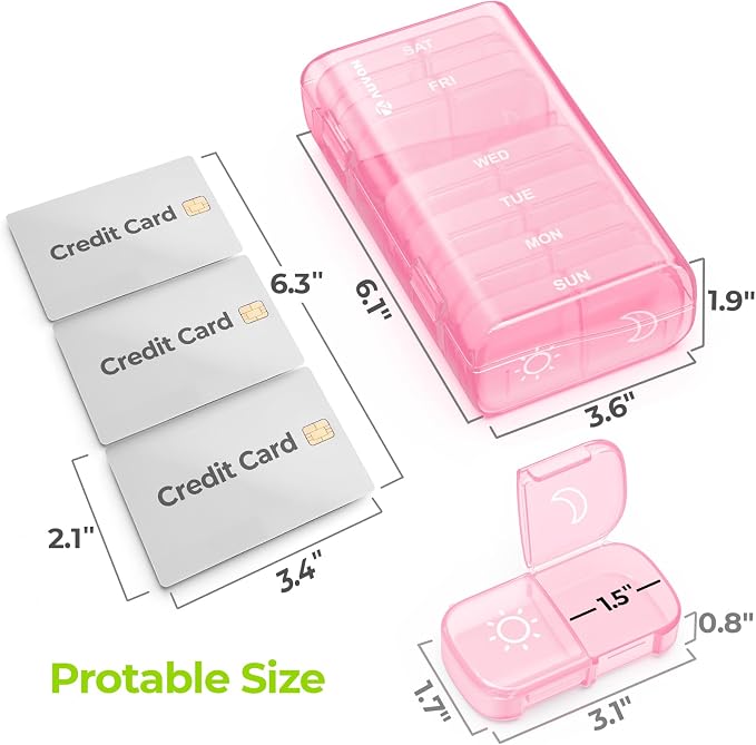 AUVON Weekly Pill Organizer 2 Times a Day, One-Sided Opening, Easy to Use | AM PM Pill Case, XL Pill Box 7 Day, Travel Medication Organizer for Medication, Vitamins, Fish Oils, Supplements, Sakura Pink