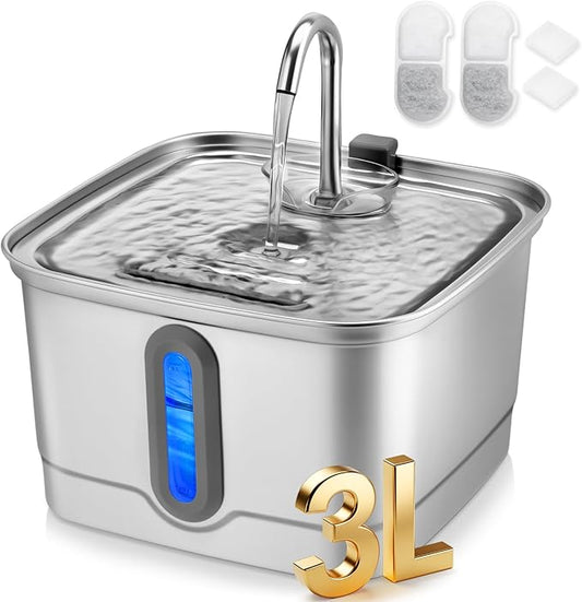 SEIRMEP Stainless Steel Cat Water Fountain, 101oz/3L Automatic Pet Water Fountain, Dog Water Fountain with Replacement Filters for Cats, Small Dogs (2 Filters and 2 Sponges)