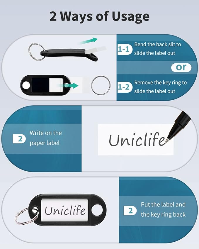 Uniclife 40 Pack Key Tags 2 Inch Plastic Key Chain Tags with Label, Black | Writable key tags with clear windows, blank paper labels, protective films and split rings for easy item identification