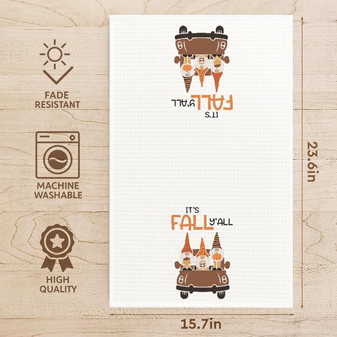 Fall Garden Gnome Kitchen Towels Decor Gifts for Home,It's Fall Y'all Tea Towel Baking Cooking Drying Cloth for Kitchen,Flour Sack Dish Towels,Farmehouse Decoration for Thanksgiving