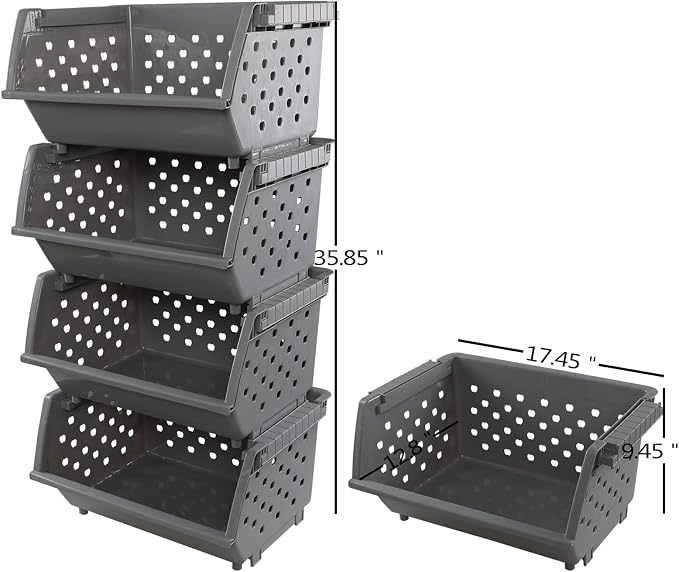 Zopnny Stackable Storage Baskets, 4-Tier Plastic Stacking Bins Open Front | Modular Organizer and Storage Bin for Pantry, Kitchen, Bathroom, Playroom, RV, Easy Stacking, Vertical & Space Saving, Grey