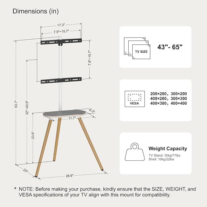 Tripod TV Stand for 43-65" TVs, Swivel, White | Height-adjustable easel TV stand, wood media shelf, cable management and VESA up to 400x400