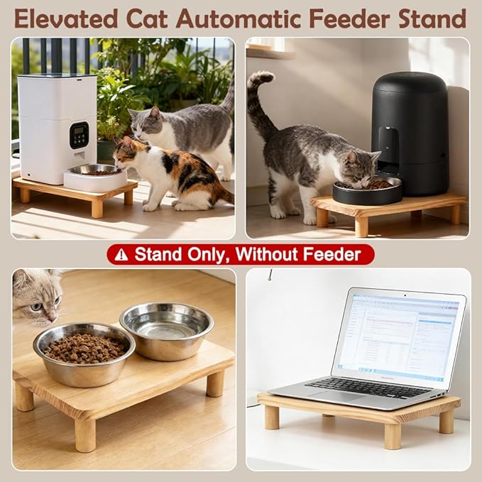 SZEE Cat Food Stand for Automatic Feeder & Tradition Bowls, Elevated Cat Food Table Station, Raises Feeder/Bowl by 6cm, Premium Solid Wood Material, Relieves Spine and Joints Noticeably on Pets