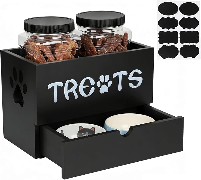 Dog Treat Jar for Countertop, 9.8 * 5.1 * 6'' 2 Layer Dog Treat Container with Drawer 2Jars and Sticker Wooden Pet Food Organizer Storage Basket For Pets Great Gift for Pets' Owners (Black)