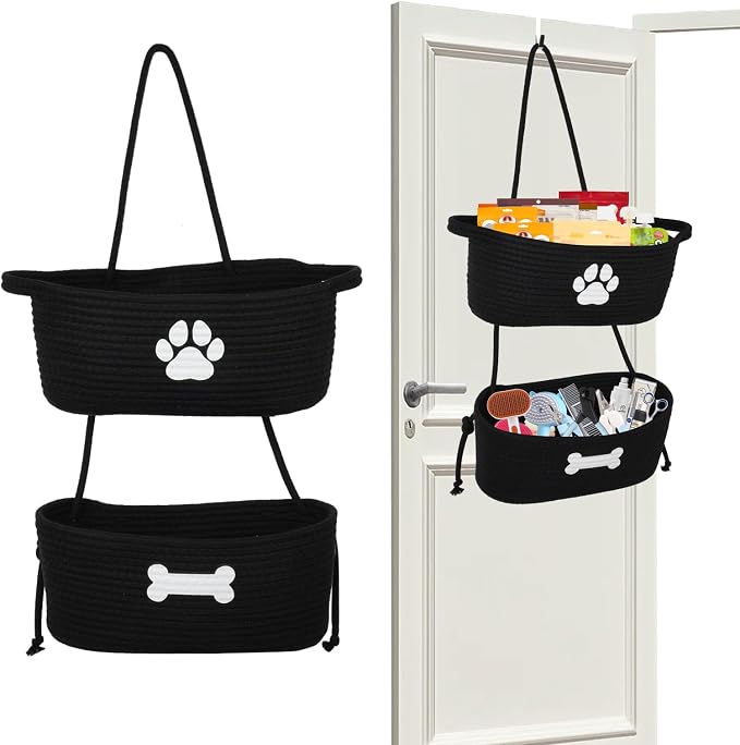 2-Tier Dog Baskets,Over Door Hanging Oganizer for Pet Stuff with Metal Hooks,Cotton Rope Wall-Mounted Storage Organizer for Dog Leash/Harness/Small Toys/Trash bag - Black