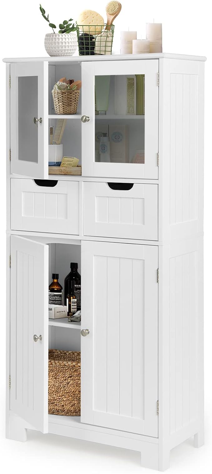 LOKO Bathroom Cabinet, Linen Storage Organizer with Doors & Drawers, Wooden Floor Cabinet with Adjustable Shelves for Bathroom, Living Room or Kitchen (White)