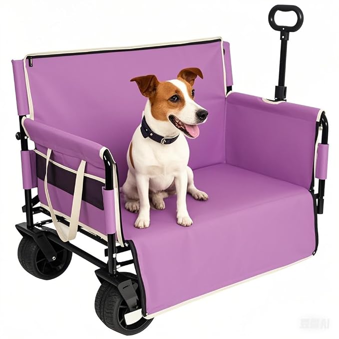 3-in-1 Pet Wagon Stroller with Bench Seat & Storage – Portable Travel Carrier for Dogs & Cats, 500Lbs Heavy-Duty Foldable Cart with All-Terrain Wheels for Camping, Park & Outdoor Use (Purple)
