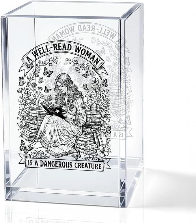 A Well-read Woman Is A Dangerous Creature Acrylic Pencil Holder Cup | Funny Floral Books Desk Organizer for Book Lover Bookish Booktrovert Readers, Women Empowerment Gifts for Mom Sister BFF