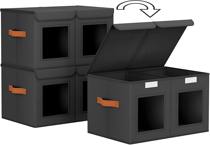 Homsorout Large Closet Storage Bins - Collapsible Divided Clothes Organizer with Lids & Dual Window, Fabric Organizing Bins for Clothes, Sweater, Bedroom, Office (Black, 2 Pack)