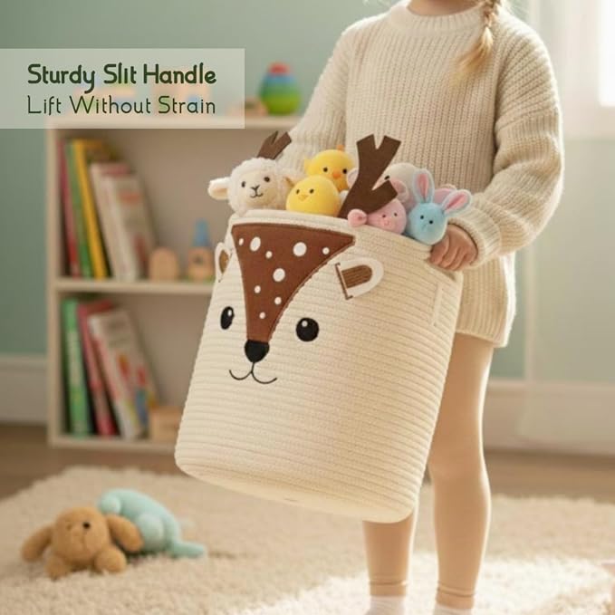 Storage Basket, Large 14” x 12” Woven Cotton Rope Bin with Deer Design, Cutout Handles, Decorative Storage Organizer for Home Use, Laundry, Clothes & Household Items, Foldable & Washable (Deer)