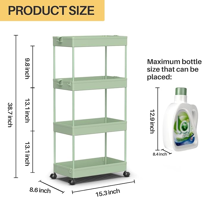 4 Tier Rolling Cart with Wheels, Storage Craft Art Trolley Organizer Serving, 3 Hanging Baskets Easy Assembly, for Office, Living Room, Kitchen
