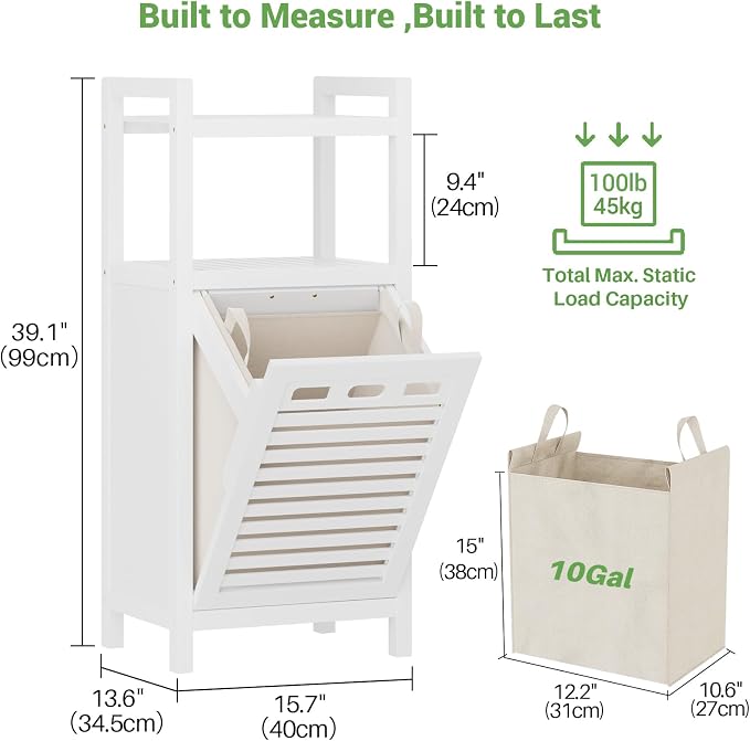 Homykic Tilt Out Laundry Hamper Cabinet, 10 Gal Bamboo Laundry Organizer | Wooden Laundry Basket with Removable Bag, Hidden Hamper with Shelf for Clothes, Bathroom, Laundry Room, Space Saving, White