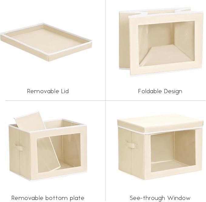 Storage Bins with Lids - Small Fabric Organizers with Window, Collapsible Storage Bins for Clothes, Decorative Closet Organizers for Towels, Tshirt, 4 Pack, Beige
