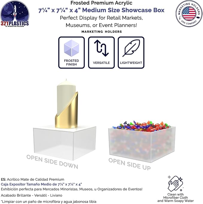 Frosted Acrylic Display Box Counter Retail Merchandise Storage Bin No Lid with Open Bottom 7" x 7" x 4" Flippable Cubby for Tradeshows and Expos by Marketing Holders