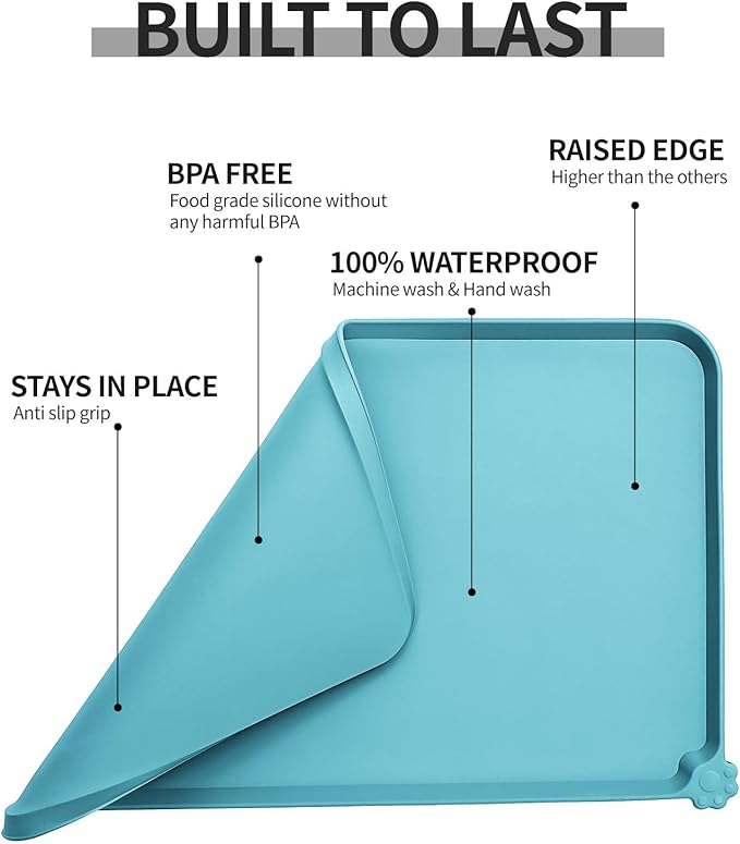 Reopet Waterproof Pet Feeding Mat, Non-Slip Silicone Placemats for Dog Cat Food and Water Bowl, High Raised Edges to Prevent Spills and Protect Floors