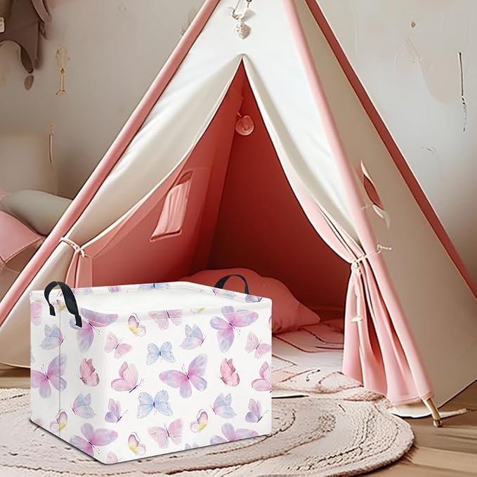 Rectangle Storage Basket with Handles,Collapsible Storage Bin,Books Box,Gift Basket(Pink Watercolor Butterfly)
