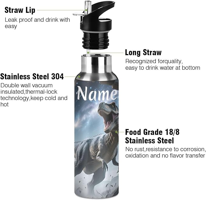 Custom Name Dinosaur Galaxy Track Wall Water Bottle with Straw Lid Kids Insulated Stainless Steel Water Flask Sports, 20 Oz Hot Cold