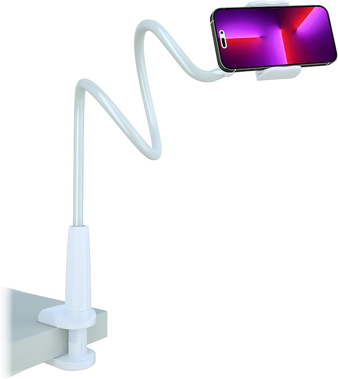 Gooseneck Phone Holder for Bed, 34inch Flexible Overhead Cell Phone Mount for Desk, Hands-Free Viewing Clamp Stand Compatible with iPhone 17 16 15 Pro Max and 3.5-7" Devices, White