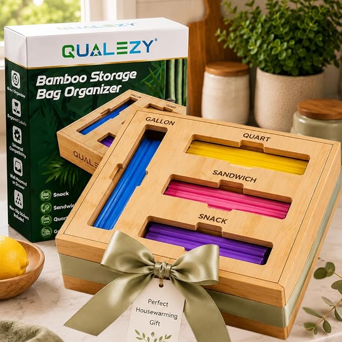 Bamboo Storage Bag Organizer for Drawer | 4-in-1 Baggie Organizer, Kitchen Drawer, Wall Mount & Countertop, Gallon, Quart, Sandwich & Snack, Engraved Labels