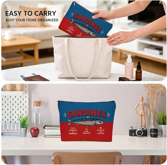 JIUWEIHU Funny Sardines Gifts Makeup Bag Vintage Sardines Cosmetic Bag | Ocean Beach Travel Toiletry Bags Fish Makeup Pouch Christmas Birthday Gifts for Women Mom Girls Sisters Friends Fish Lovers