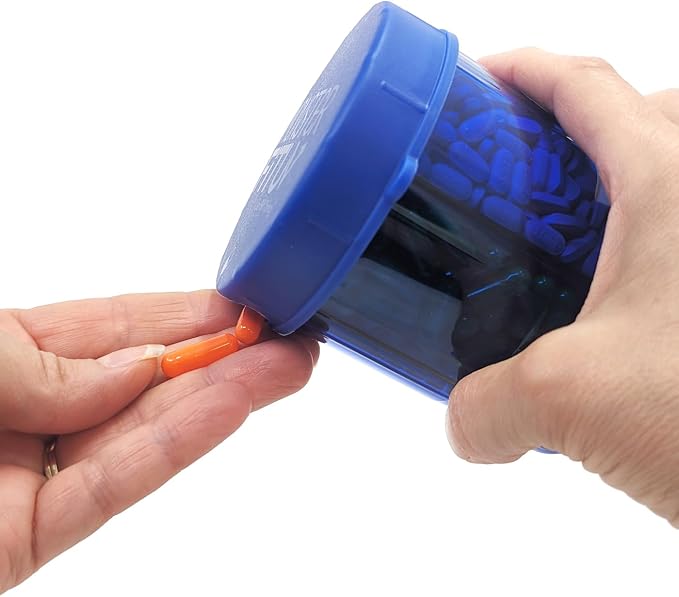 Supplement Pill Dispenser Bottle, 6 Compartment, Labels, Easy Open, Anti-Mixing, UV Protected, Monthly Vitamin, Monster Fit Jr Medication Holder (Cobalt Blue, Small)