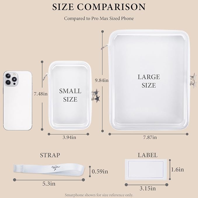 Clear Hard Shell Zipper Case Set (1Large + 2Small), 120s Thick PET Plastic Storage Bags, Dual Zipper Travel Organizer with Star Charms, Removable Strap, Removable Labels & 2 Markers