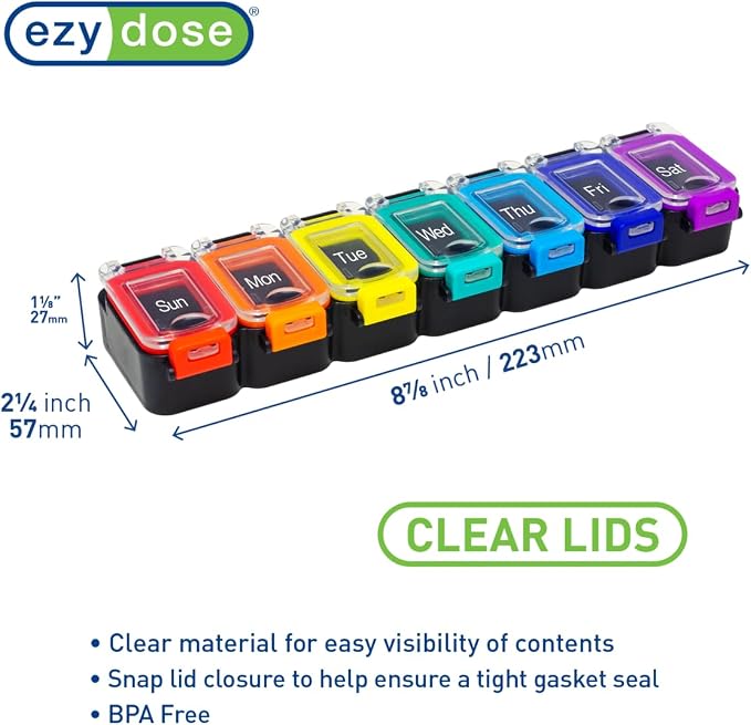 Ezy Dose Weekly (7-Day) Pill Organizer, Medicine Planner, Rainbow/Black | Daily Vitamin & Supplement Case, Waterproof Locking Compartments to Secure Prescription Medication, Travel-Friendly, BPA-Free