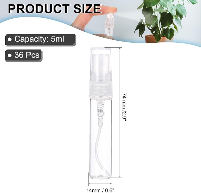 PATIKIL 5ml Glass Mini Perfume Sample Bottles, 36 Pcs Fine Mist Refillable Empty Mini Spray Bottle Fragrance Sample Bottles Sprayer for Perfume Travel Liquid Essential Oil, Clear