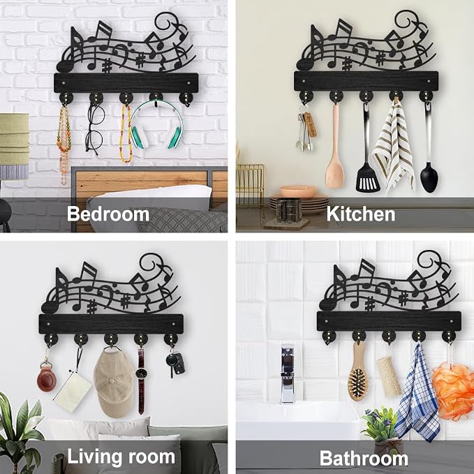 MAYJOYDIY Music Notes Coat Hook Wall Mount 11.8×7.9inch Wood Musical Key Holder for Wall Key Hanger Wall Art Decor 5 Alloy Hooks Black Hook Rack Hat Towel Holder for Entryway Living Room Gift