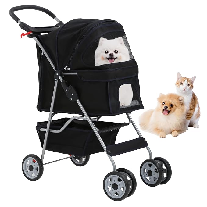 4 Wheels Dog Stroller, Pet Cat Jogger Stroller, Folding Carrier Waterproof Puppy with Cup Holder & Removable Liner, Dog Strollers for Small Dogs, for Small and Medium Pet Supplies (Black)