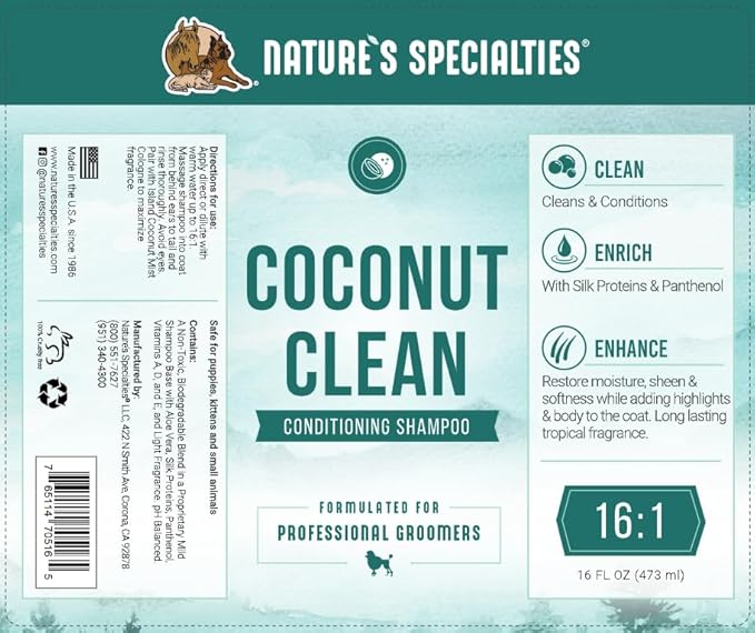Nature's Specialties Coconut Clean Ultra Concentrated Dog Conditioning Shampoo for Pets, Makes up to 2 Gallons, Natural Choice for Professional Groomers, Adds Highlighting and Body, Made in USA, 16 oz