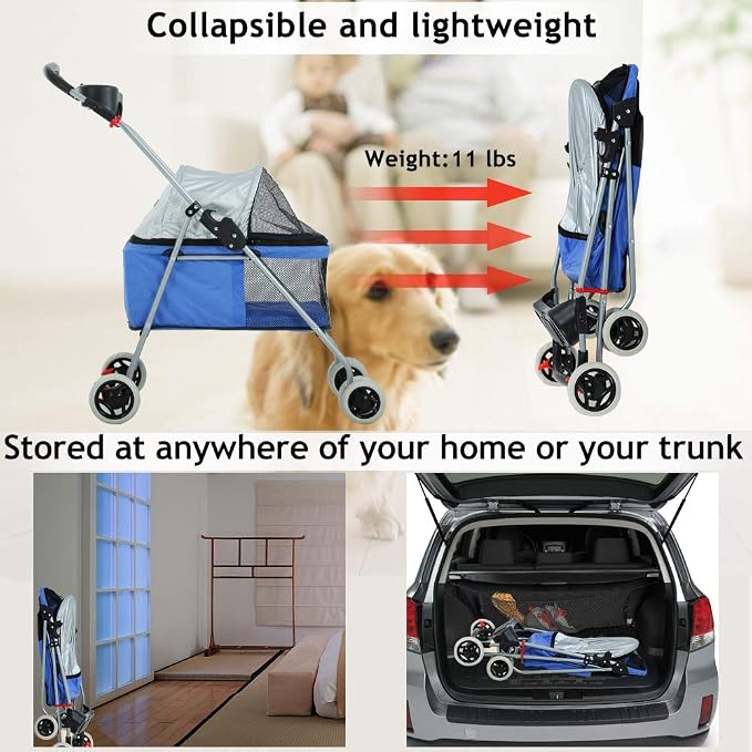 Dog Stroller Pet Stroller Cat Strollers Jogger Folding Travel Carrier Durable 4 Wheels Doggie Cage with Cup Holders 35Lbs Capacity Waterproof Puppy Strolling Cart for Small-Medium Dogs, Cats - Blue