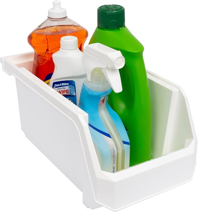 Large Stackable Plastic Storage Bins, 6-Pack, White | Open-Front Stackable Bins For Garage, Pantry, Closet & Office, 14,8"L X 8"W X 7"H, Nests When Empty, Durable Plastic,