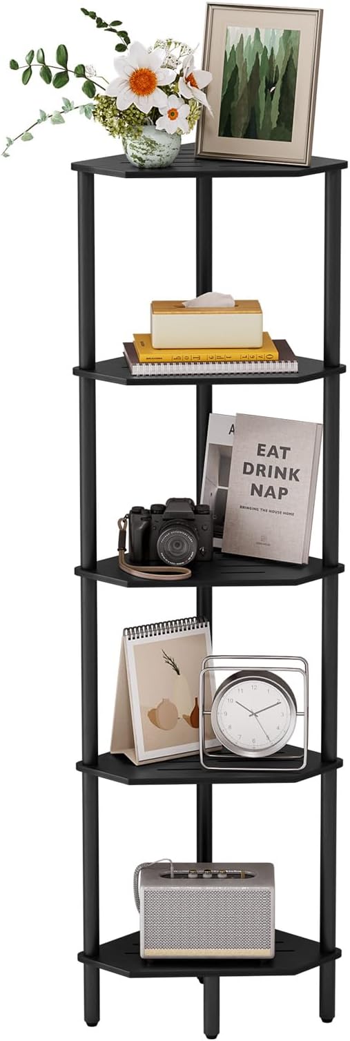 5-Tier Black Corner Shelf, Bamboo Corner Bookshelf, Indoor Plant Shelf, Kitchen Free Standing Shelf Storage Organizer, Tall Narrow Bookcase for Small Spaces, Bedroom, Living Room, Office
