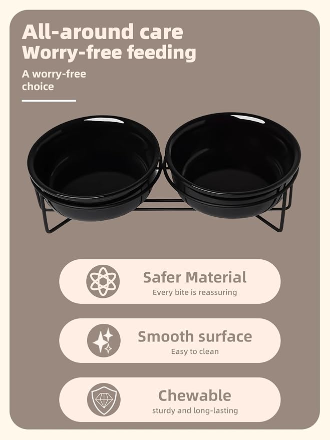GDCZ Elevated 15 Oz Ceramic Double Cat Bowls with 11.6x2.5 Inch Stand (Black)