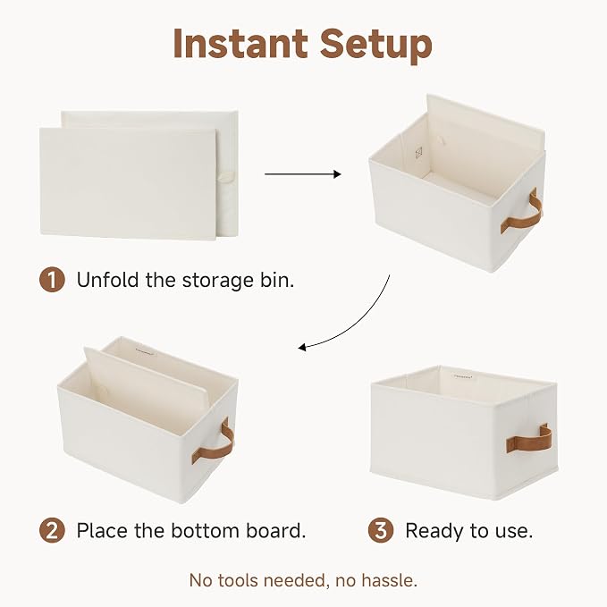 StorageWorks Closet Storage Bins with PU Handles, Ivory White, Small | Closet Organizer Storage Baskets for Shelves, Fabric Organization and Storage, Foldable Closet Organizer for Clothes
