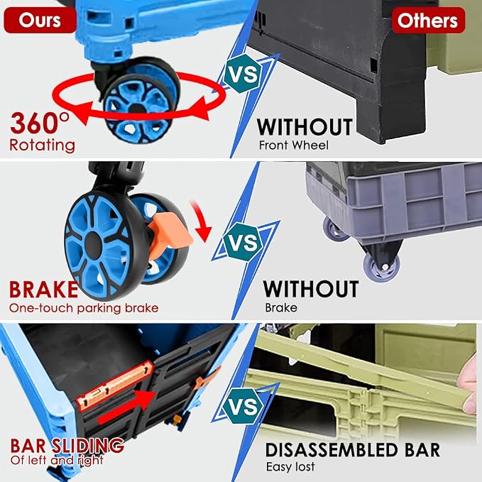 Foldable Utility Cart Portable Collapsible Crate Rolling Carts with Wheels Rolling Tote Basket Teacher Cart with Lid Wear-Resistant 360°Rotate Wheel Noiseless for Shopping Storage Office Use