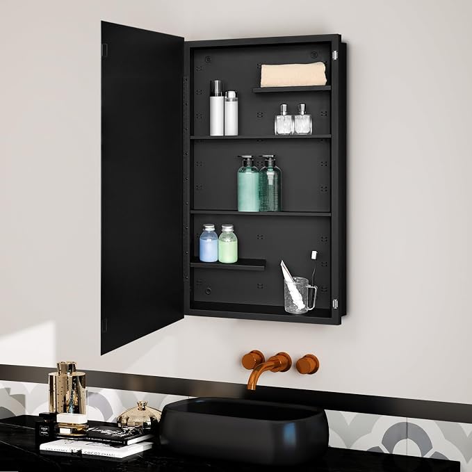 Black Metal Medicine Cabinet, 20 x 36 Beveled Mirror, Recessed Wall Storage | Recessed or Surface Mount Mirrored Cabinet with Adjustable Staggered Shelves, Piano Hinge, Reversible Door Swing, Matte Black