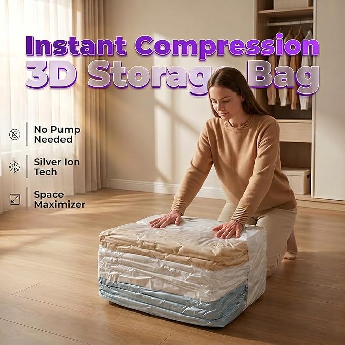 No‑Pump Vacuum Storage Bags, 2026 New Large Vacuum Storage Compression Bags, Reusable Vacuum Seal Bags for Clothing Travel, Space Saver Bags for Clothes, Blankets & Bedding (2Pcs/L:39.4*31.5*12.6in)