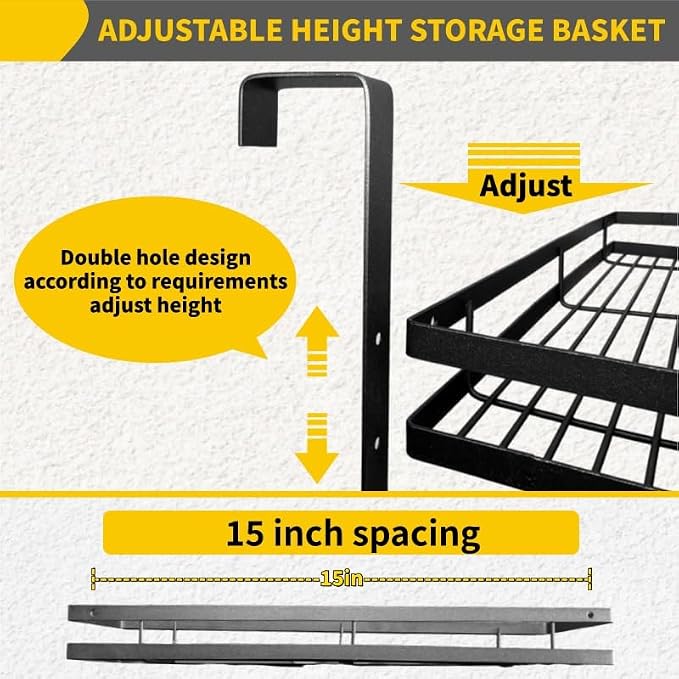 Broom Holder Door Mount,Door Mounted Broom and Mop Holder with Dual Tool Hooks, Three Slots, and One Tool Storage Basket For Laundry Room, Garage, Closet, warehouse, Kitchen Decor (black)