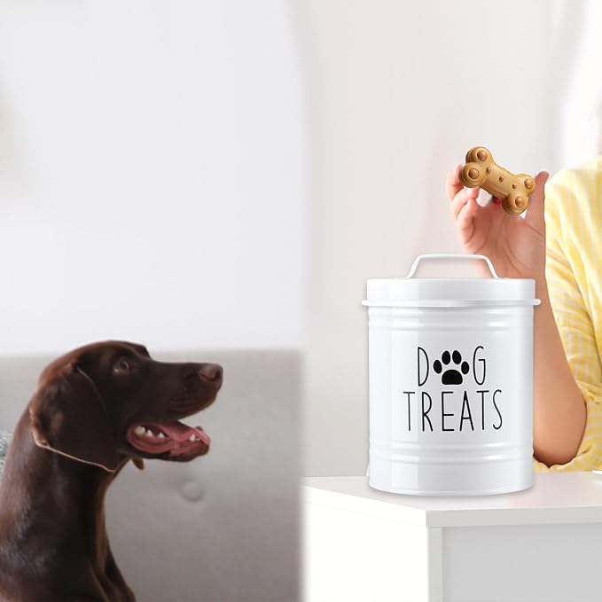 Sealed Storage Container Dog Food Organizer Pet Treat Storage Bin Airtight Metal Jar Rubber Seal Smooth Handle Compact Wide Opening Suitable for, White