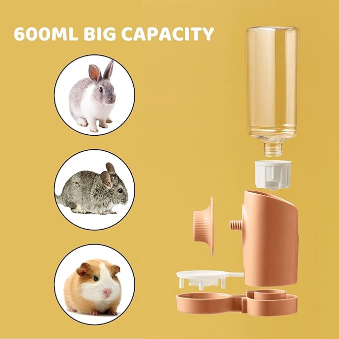 Rabbit Water Bottle, 600ml/21oz Hanging Water Dispenser Feeder Cage Crate Hutch Bunny Puppy Cat Chinchilla Ferret Guinea Pigs Squirrel Hedgehog (Pink)