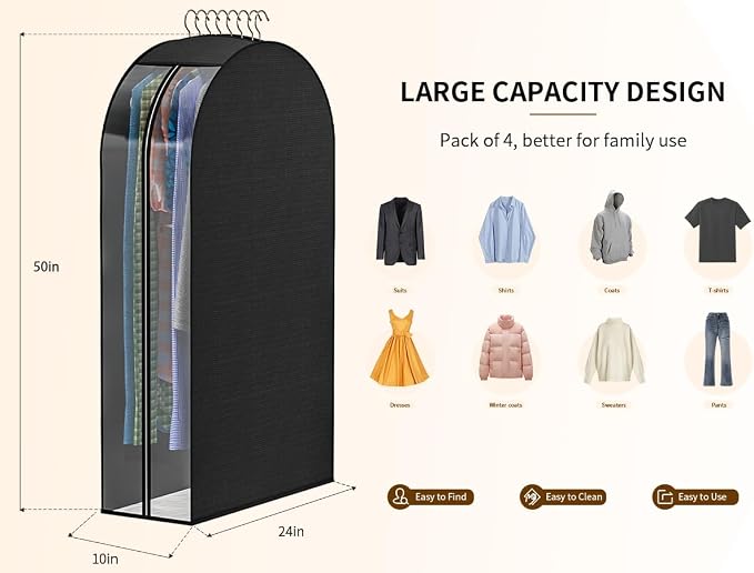 Black Garment Bags for Hanging Clothes, 4-Pack, 50" | Upgraded thickened clear garment bags with 10" gusset for closet storage of shirts, coats, dresses