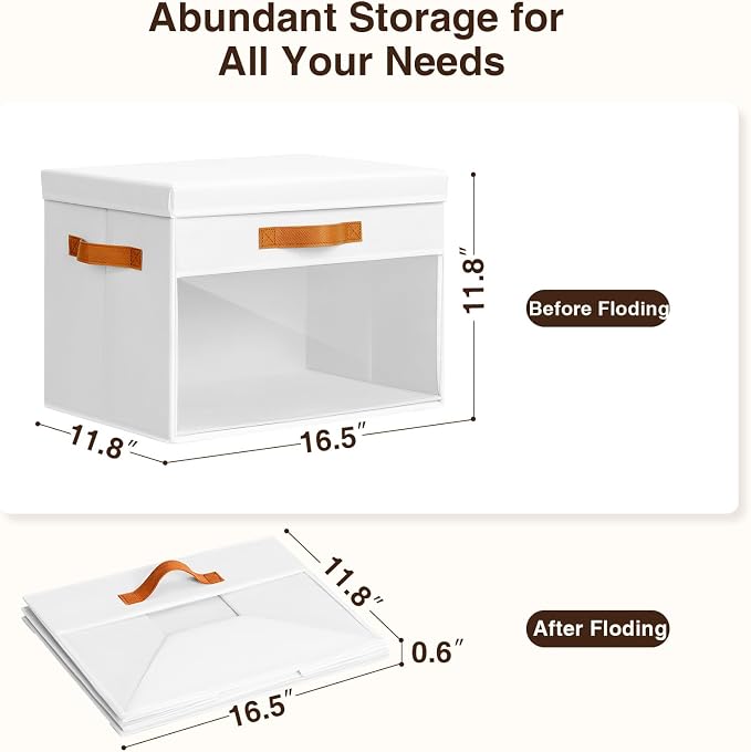 Large Storage Bins with Lids - 4 Pack Foldable Decorative Organizers with Clear Windows & Handles, Cube Storage Organizers for Clothes, Blankets, Sweaters, CD, White