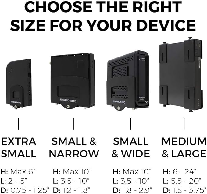 HumanCentric Cable Box & Modem Mount, Adjustable Wall Mount | Small Devices | For small & Narrow Devices, Cable Boxes, Modems, DVD Players, Streaming Media Devices, Mount Behind the TV, Hardware Included